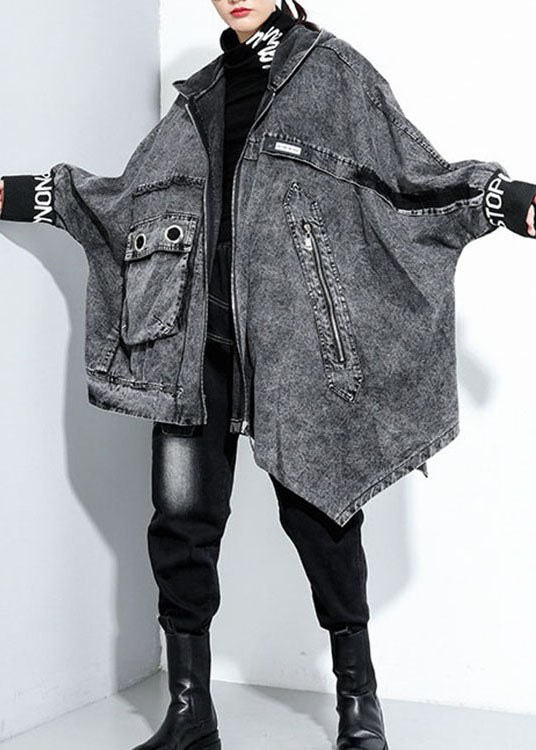 Italian Black Hooded asymmetrical design denim Coat