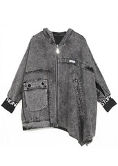 Italian Black Hooded asymmetrical design denim Coat