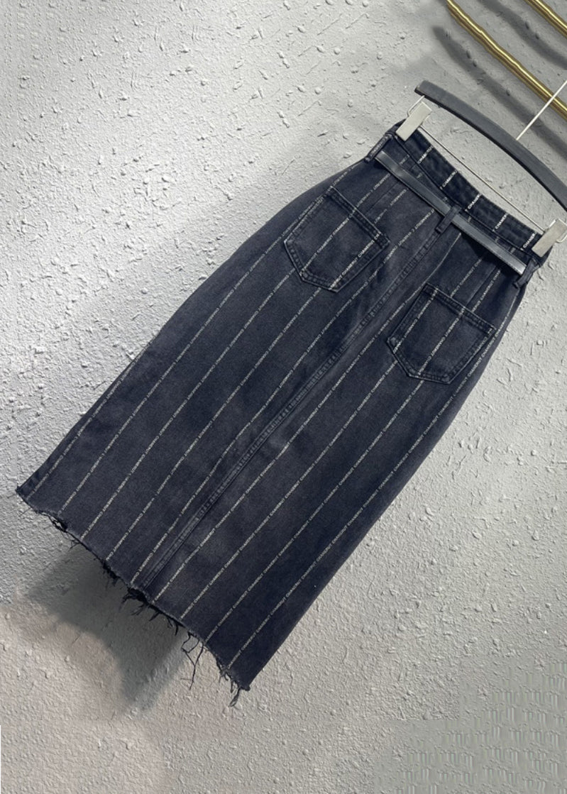 Italian Black Striped Front Open Pockets Patchwork Denim Skirt Fall