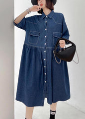 Italian Blue Button Pockets Denim Dresses