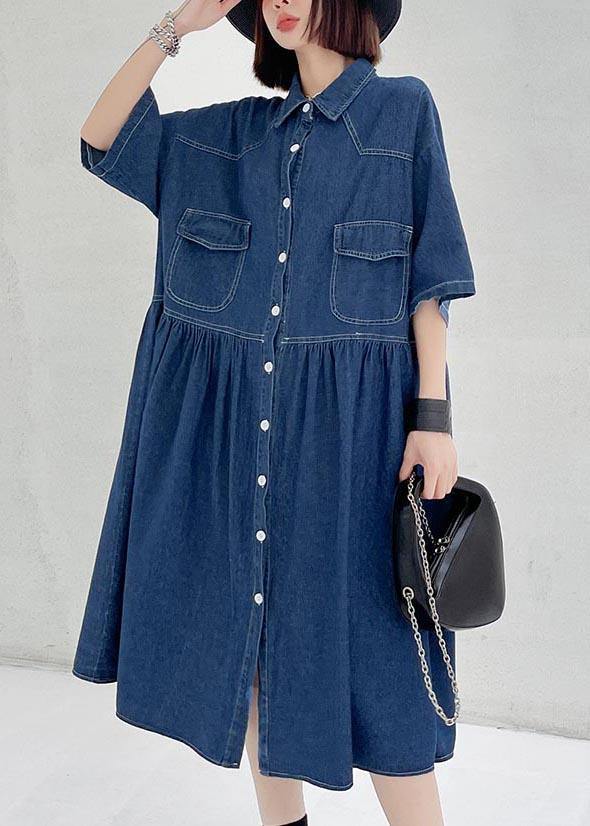 Italian Blue Button Pockets Denim Dresses