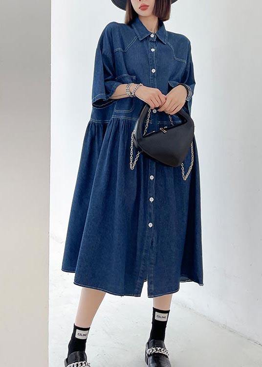 Italian Blue Button Pockets Denim Dresses