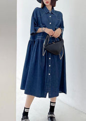 Italian Blue Button Pockets Denim Dresses