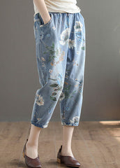 Italian Blue Elastic Waist Pockets Print Cotton Denim Crop Pants