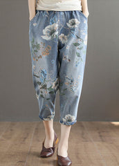 Italian Blue Elastic Waist Pockets Print Cotton Denim Crop Pants