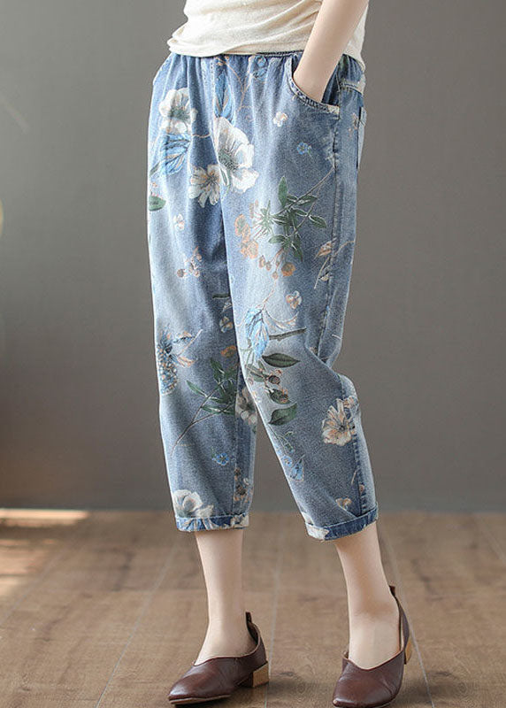 Italian Blue Elastic Waist Pockets Print Cotton Denim Crop Pants