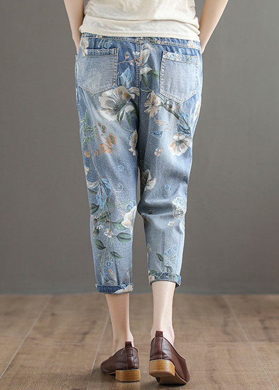 Italian Blue Elastic Waist Pockets Print Cotton Denim Crop Pants