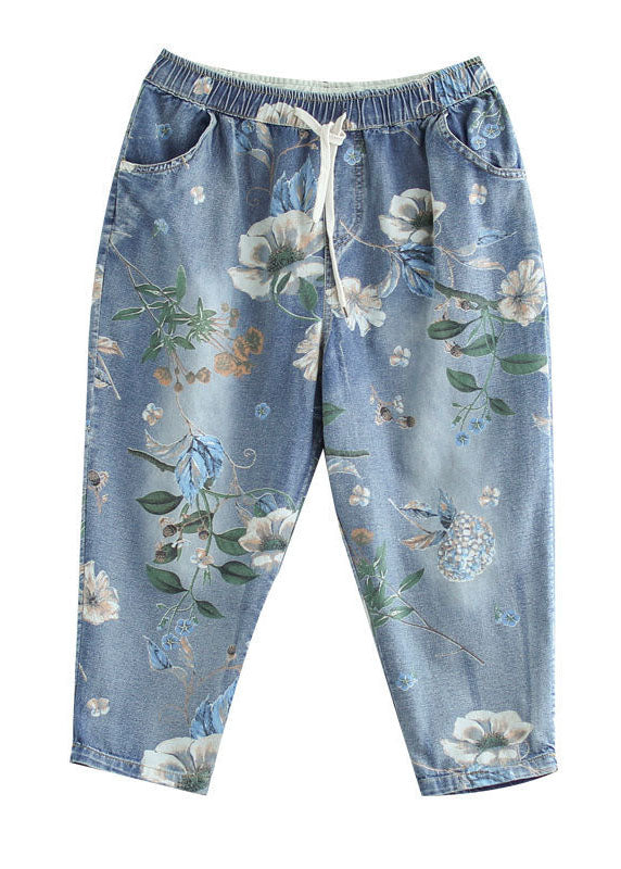 Italian Blue Elastic Waist Pockets Print Cotton Denim Crop Pants