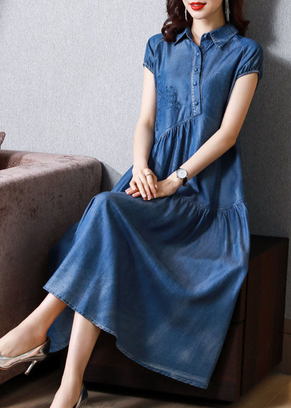 Italian Blue Embroideried Patchwork Exra Large Hem Denim Dress