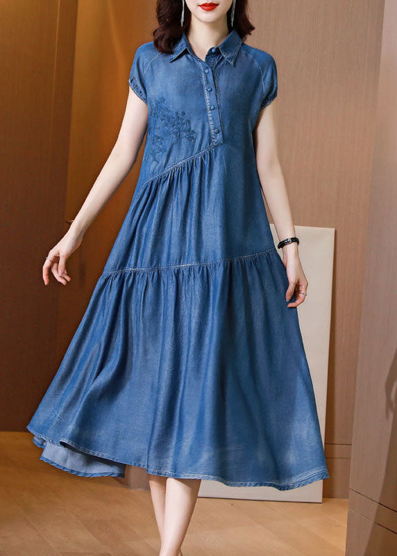 Italian Blue Embroideried Patchwork Exra Large Hem Denim Dress