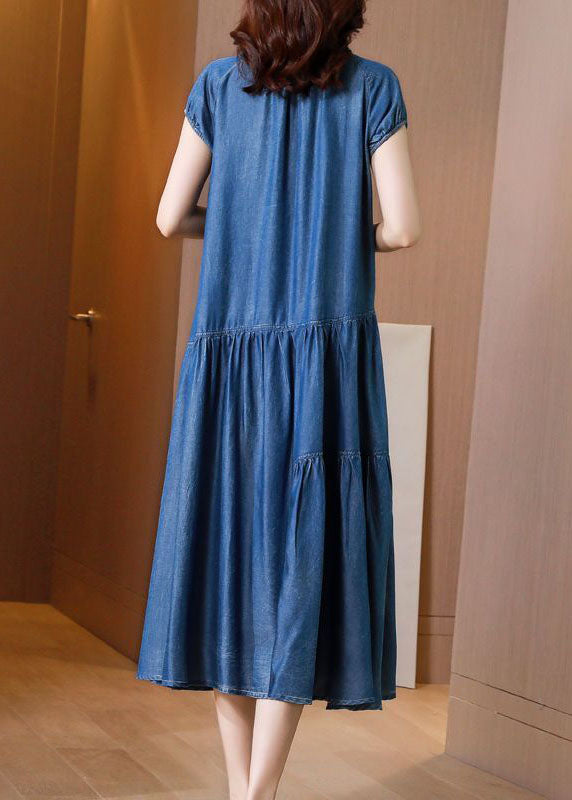 Italian Blue Embroideried Patchwork Exra Large Hem Denim Dress