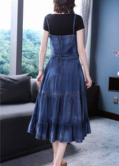 Italian Blue Embroideried Zippered Ruffles Cotton Denim Spaghetti Strap Dress