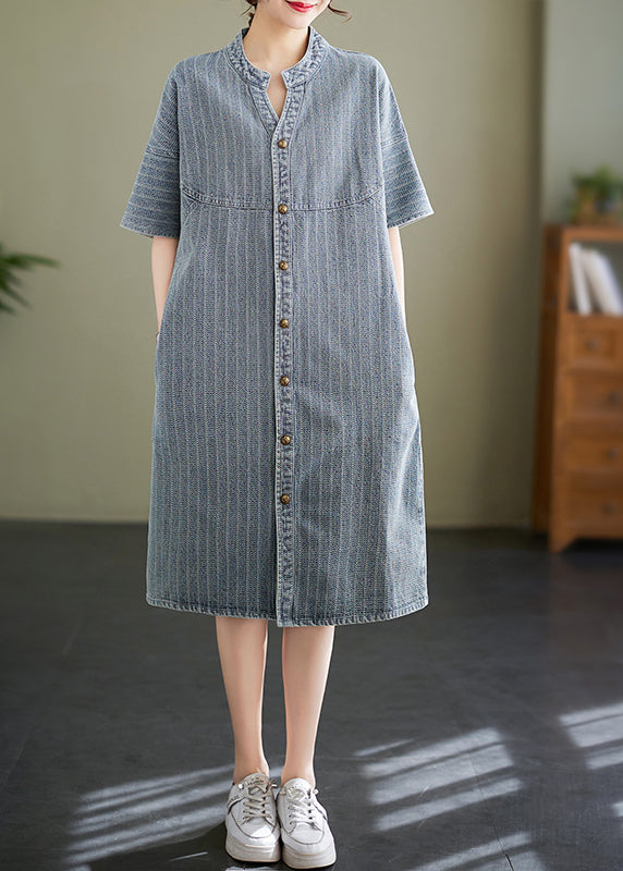 Italian Blue Grey Stand Collar Striped Denim Shirt Dress