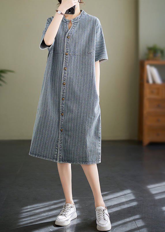 Italian Blue Grey Stand Collar Striped Denim Shirt Dress