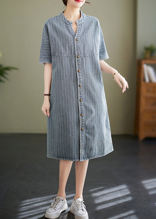 Italian Blue Grey Stand Collar Striped Denim Shirt Dress