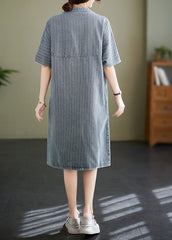 Italian Blue Grey Stand Collar Striped Denim Shirt Dress