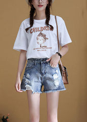 Italian Blue High Waist Hole Pockets Side Open Cotton Denim Shorts