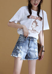 Italian Blue High Waist Hole Pockets Side Open Cotton Denim Shorts