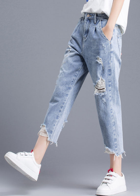 Italian Blue High Waist Letter Embroideried Hole Cotton Denim Crop Pants