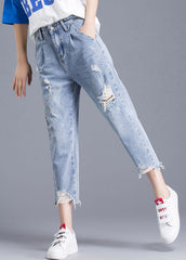 Italian Blue High Waist Letter Embroideried Hole Cotton Denim Crop Pants