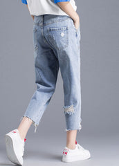 Italian Blue High Waist Letter Embroideried Hole Cotton Denim Crop Pants