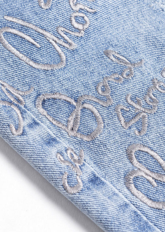 Italian Blue High Waist Letter Embroideried Hole Cotton Denim Crop Pants