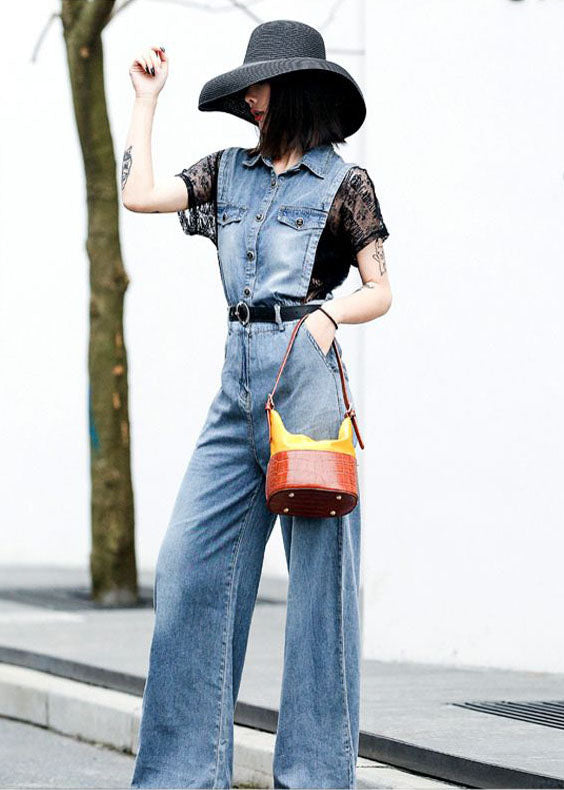 Italian Blue Hollow Out Patchwork Lace Denim Jumpsuit Short Sleeve