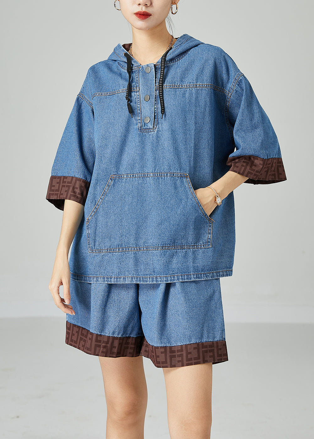 Italian Blue Hooded Patchwork Denim Two Pieces Set