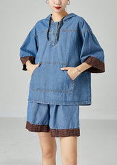 Italian Blue Hooded Patchwork Denim Two Pieces Set