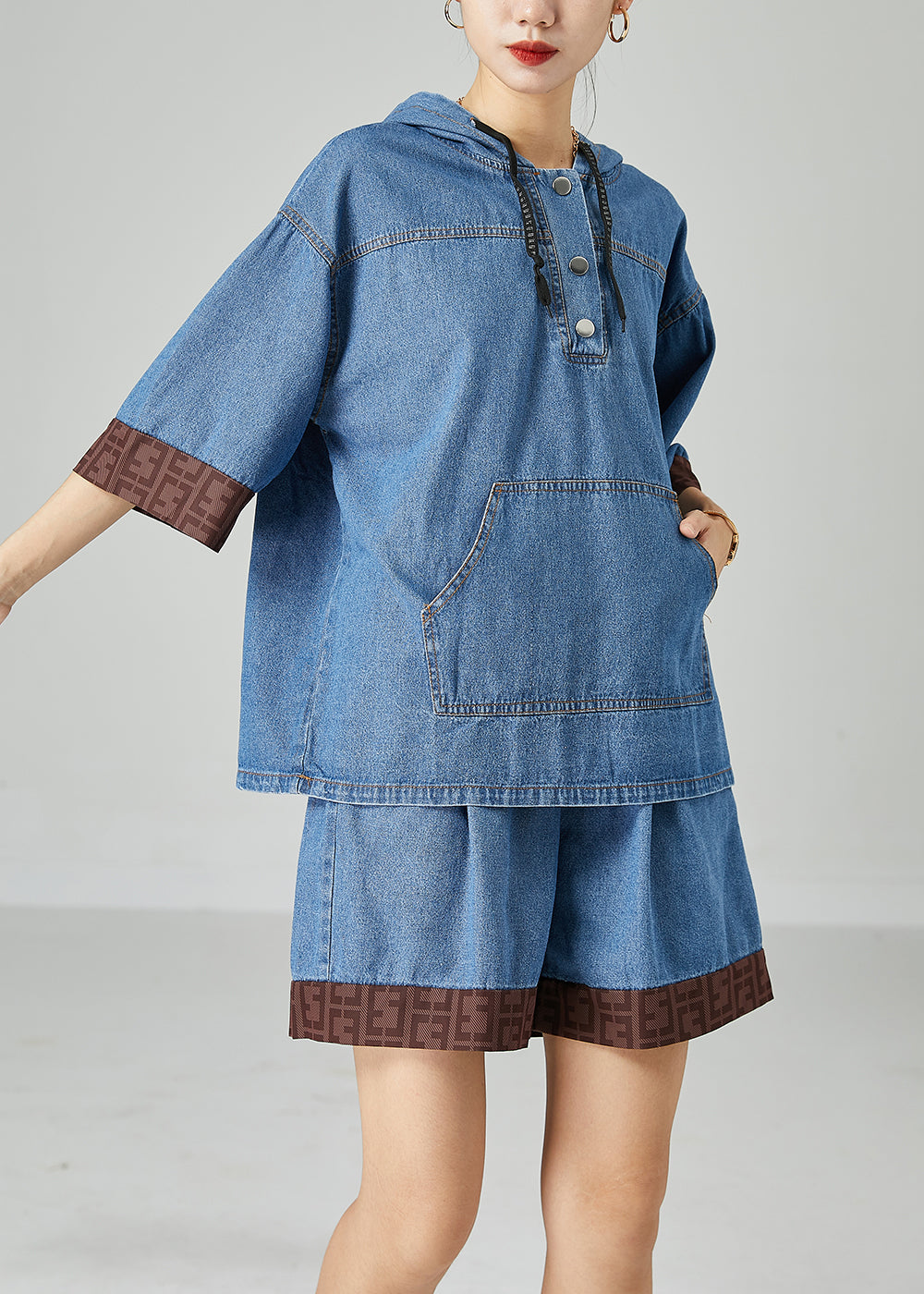 Italian Blue Hooded Patchwork Denim Two Pieces Set