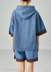 Italian Blue Hooded Patchwork Denim Two Pieces Set