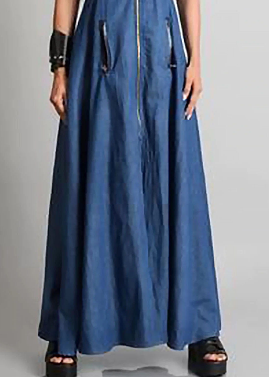 Italian Blue O Neck Zippered Patchwork Denim Maxi Dresses Sleeveless