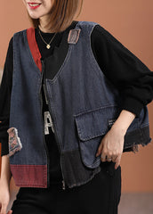 Italian Blue O-Neck Zippered Patchwork Denim Waistcoat Sleeveless