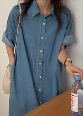 Italian Blue Peter Pan Collar Button Side Open Maxi Denim Dress Short Sleeve