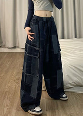 Italian Blue Pockets Patchwork Denim Wide Leg Pants