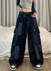 Italian Blue Pockets Patchwork Denim Wide Leg Pants