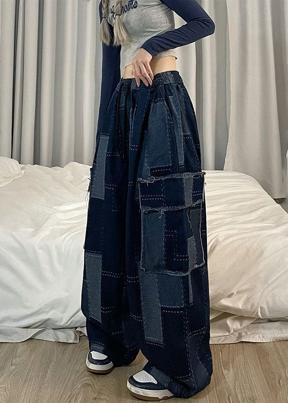 Italian Blue Pockets Patchwork Denim Wide Leg Pants