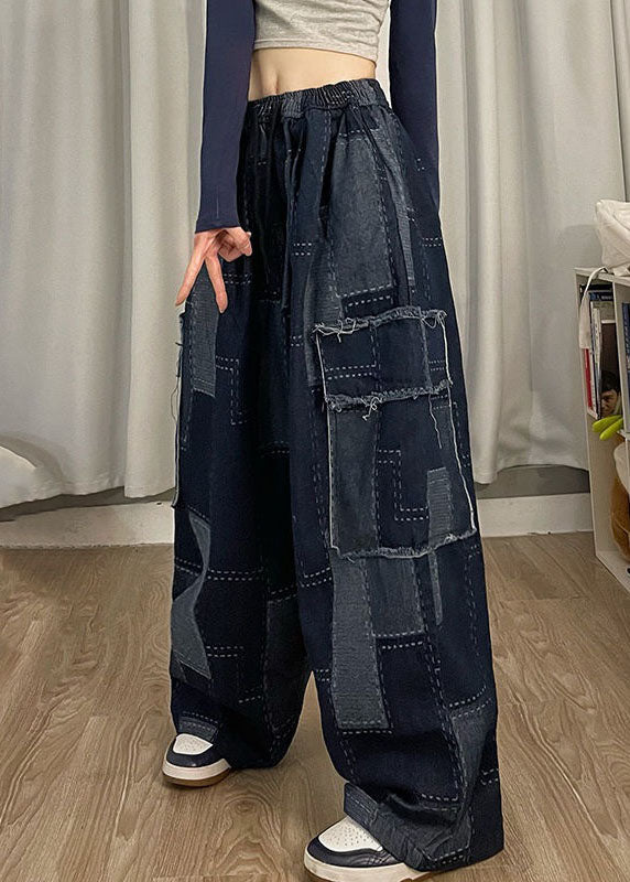 Italian Blue Pockets Patchwork Denim Wide Leg Pants