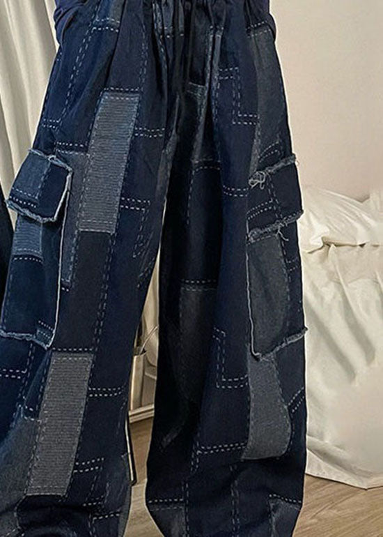 Italian Blue Pockets Patchwork Denim Wide Leg Pants