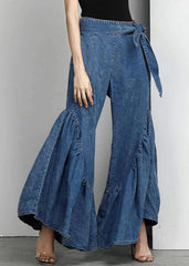 Italian Blue Ruffled Bow Waist Patchwork Denim Pants