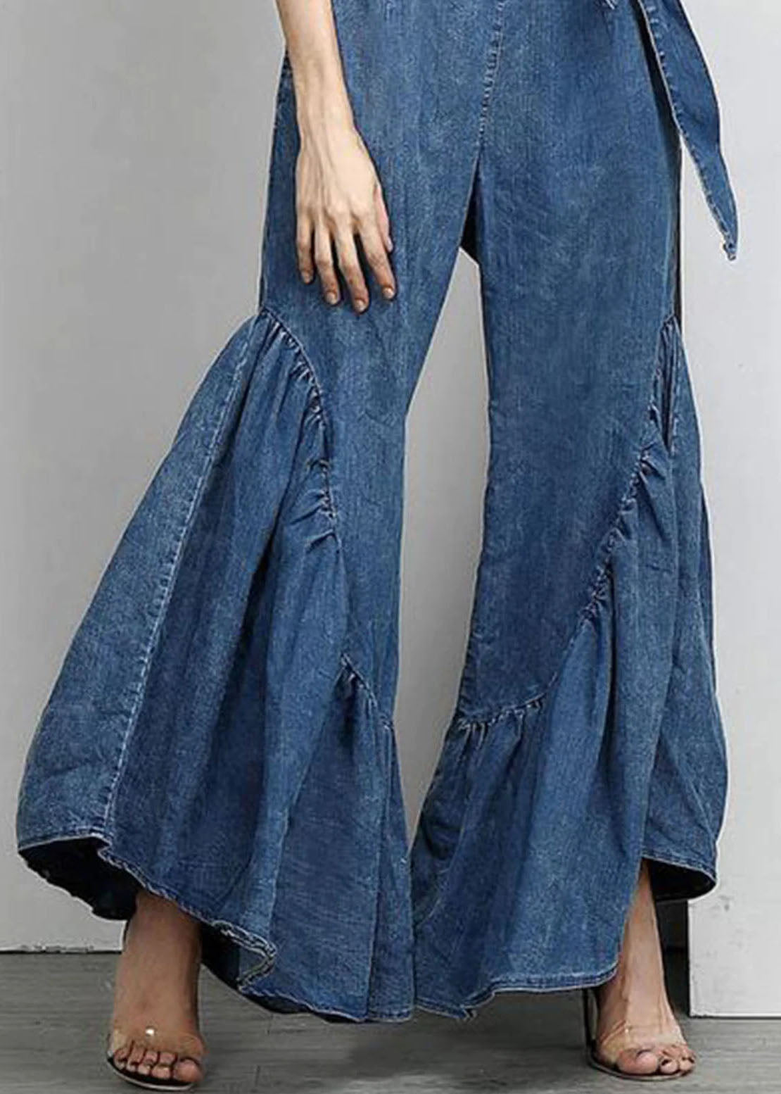 Italian Blue Ruffled Bow Waist Patchwork Denim Pants