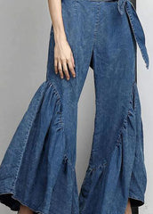 Italian Blue Ruffled Bow Waist Patchwork Denim Pants