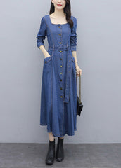 Italian Blue Solid Square Collar Button Pockets Sashes Cotton Denim Long Dresses Long Sleeve