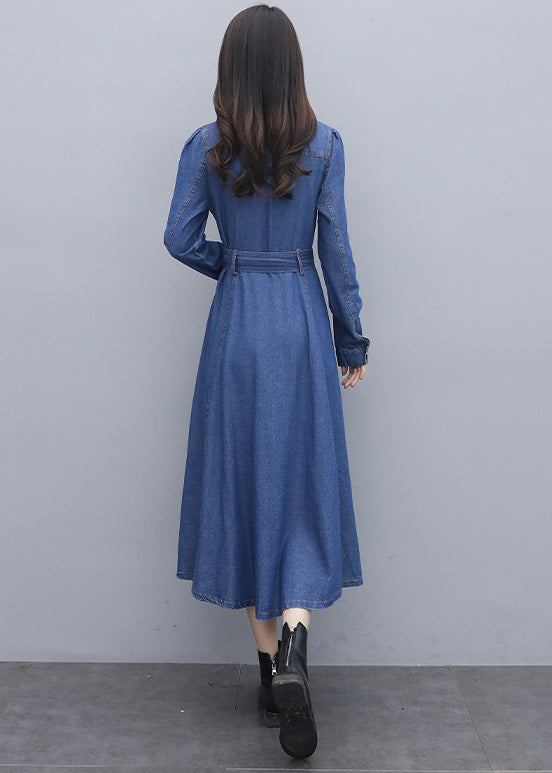 Italian Blue Solid Square Collar Button Pockets Sashes Cotton Denim Long Dresses Long Sleeve