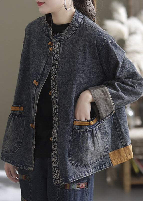 Italian Blue Stand Collar Button denim Jackets