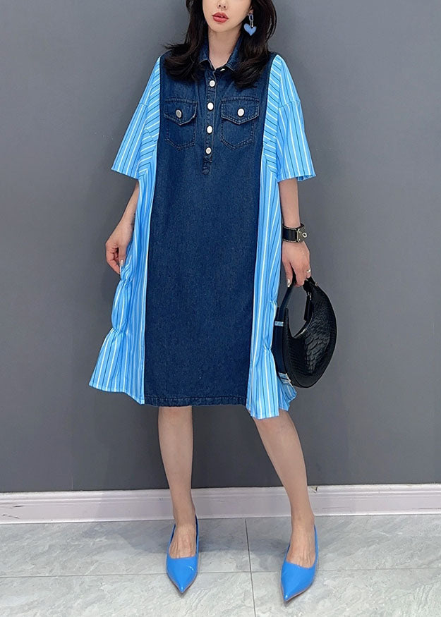 Italian Blue Striped Denim Patchwork Cotton Shirts Dresses