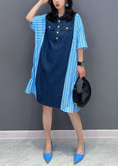 Italian Blue Striped Denim Patchwork Cotton Shirts Dresses