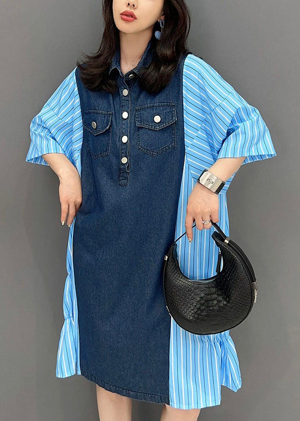 Italian Blue Striped Denim Patchwork Cotton Shirts Dresses