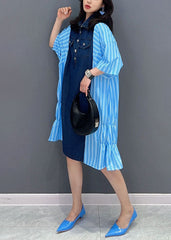 Italian Blue Striped Denim Patchwork Cotton Shirts Dresses