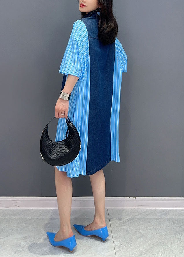 Italian Blue Striped Denim Patchwork Cotton Shirts Dresses